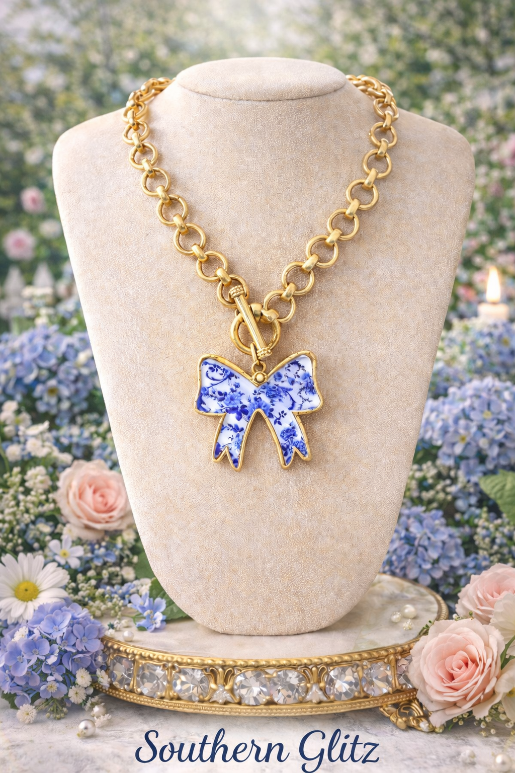 Blue Toile Bow Necklace, Gold Chain Statement Necklace, Southern Style Jewelry, Feminine Charm Necklace, Preppy Chic Gift for Her