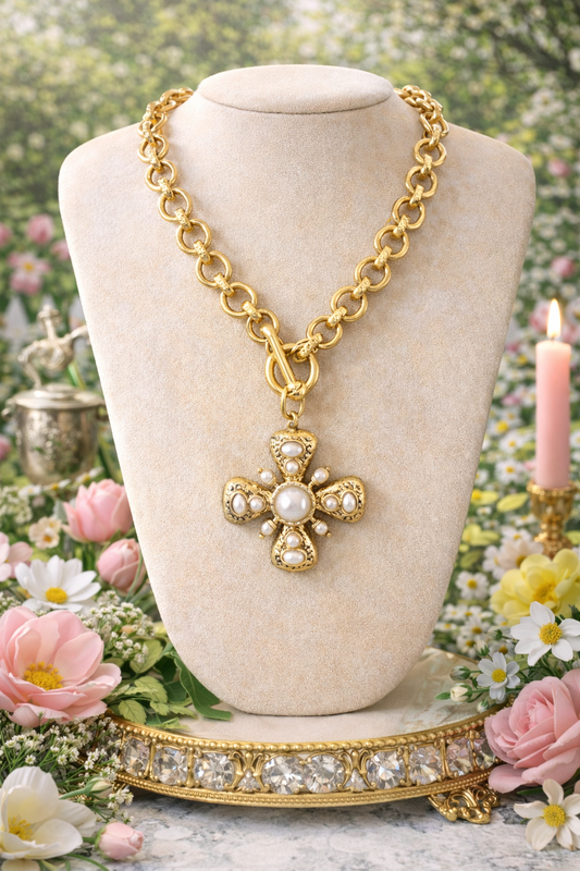 Gold Pearl Cross Necklace, Chunky Gold Chain Statement Necklace, Vintage Inspired Cross Pendant, Southern Style Jewelry, Elegant Gift for Her