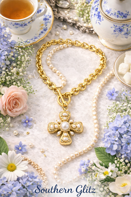 Gold Pearl Cross Necklace, Chunky Gold Chain Statement Necklace, Vintage Inspired Cross Pendant, Southern Style Jewelry, Elegant Gift for Her
