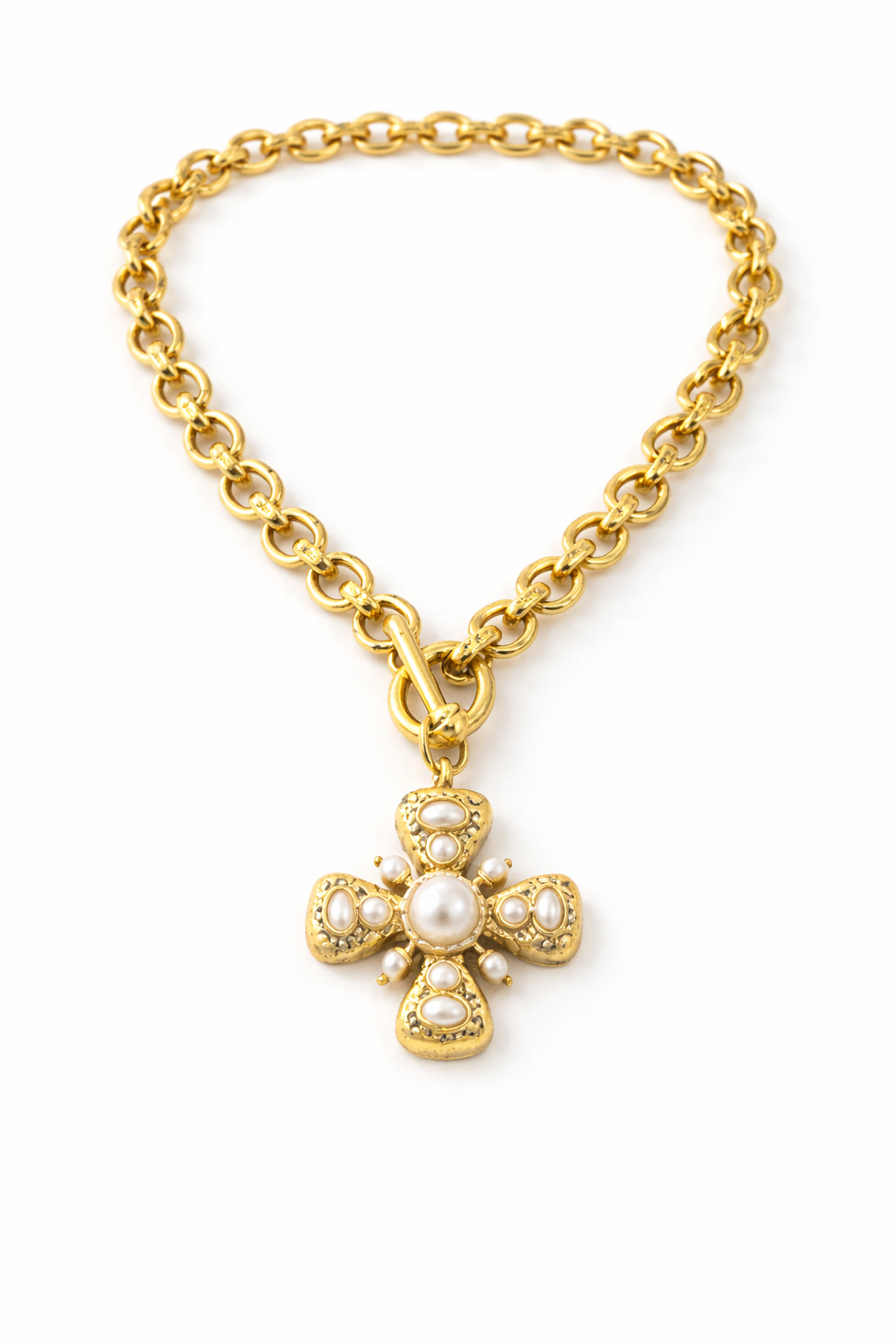 Gold Pearl Cross Necklace, Chunky Gold Chain Statement Necklace, Vintage Inspired Cross Pendant, Southern Style Jewelry, Elegant Gift for Her