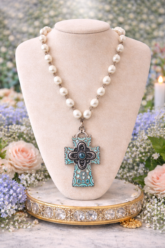 Pearl Necklace with Turquoise Cross Pendant | Western Faith Jewelry | Handmade Statement Necklace | Cowgirl Chic | Southern Glitz