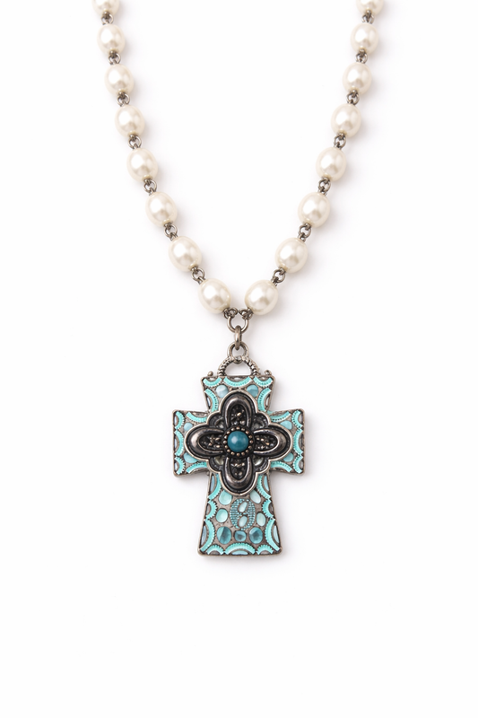 Pearl Necklace with Turquoise Cross Pendant | Western Faith Jewelry | Handmade Statement Necklace | Cowgirl Chic | Southern Glitz
