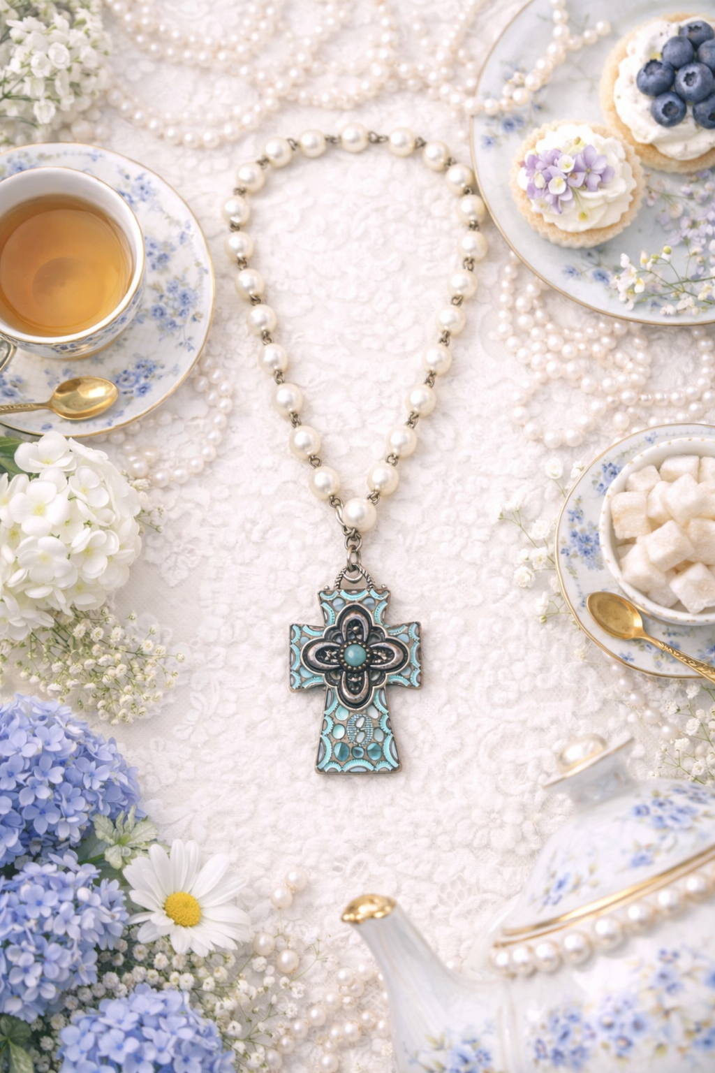 Pearl Necklace with Turquoise Cross Pendant | Western Faith Jewelry | Handmade Statement Necklace | Cowgirl Chic | Southern Glitz