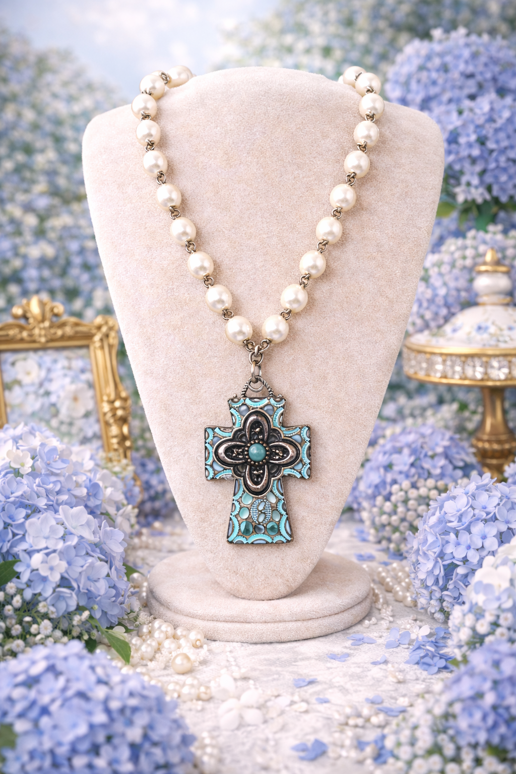 Pearl Necklace with Turquoise Cross Pendant | Western Faith Jewelry | Handmade Statement Necklace | Cowgirl Chic | Southern Glitz