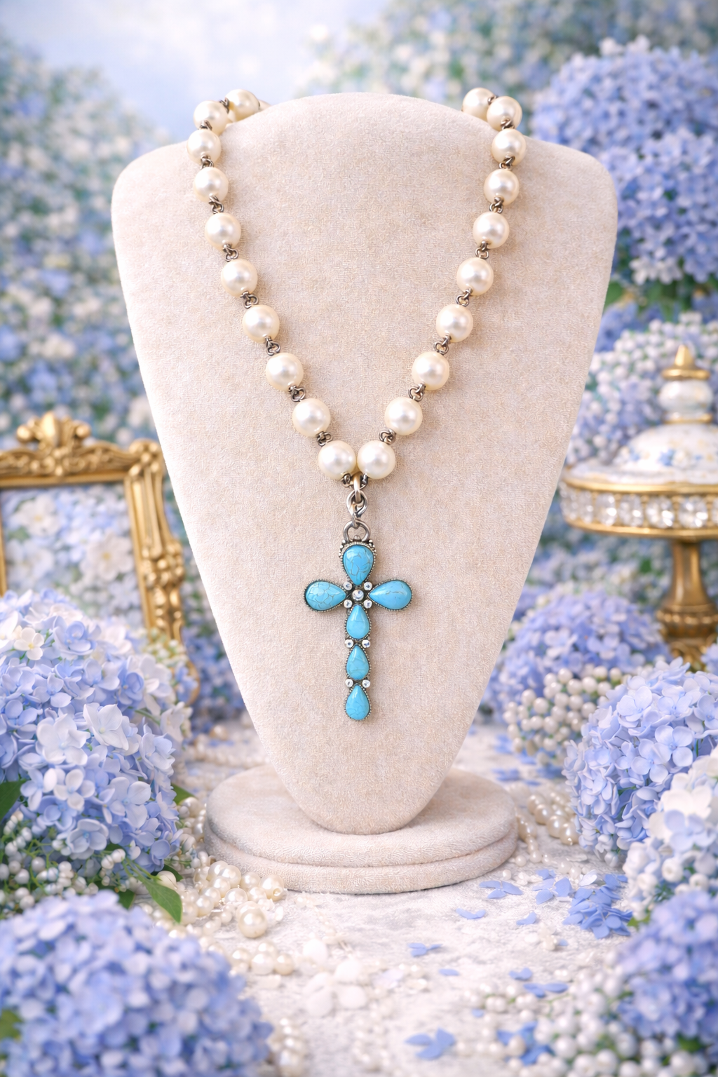 Turquoise Cross Pearl Necklace | Western Boho Jewelry | Freshwater Pearl Chain | Turquoise Pendant Necklace | Southern Style Statement Piece