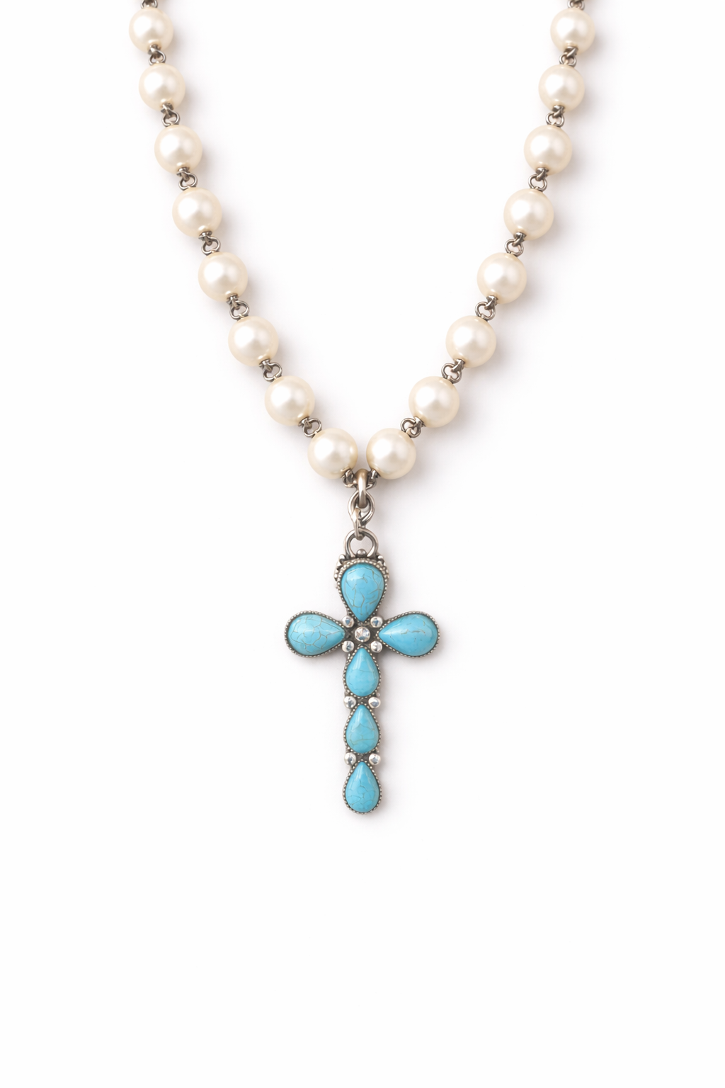 Turquoise Cross Pearl Necklace | Western Boho Jewelry | Freshwater Pearl Chain | Turquoise Pendant Necklace | Southern Style Statement Piece