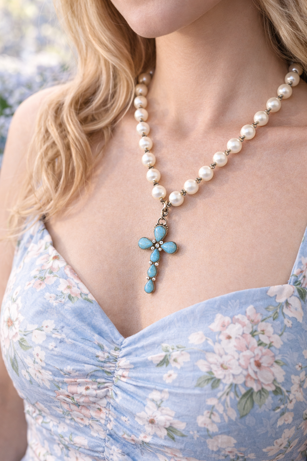 Turquoise Cross Pearl Necklace | Western Boho Jewelry | Freshwater Pearl Chain | Turquoise Pendant Necklace | Southern Style Statement Piece