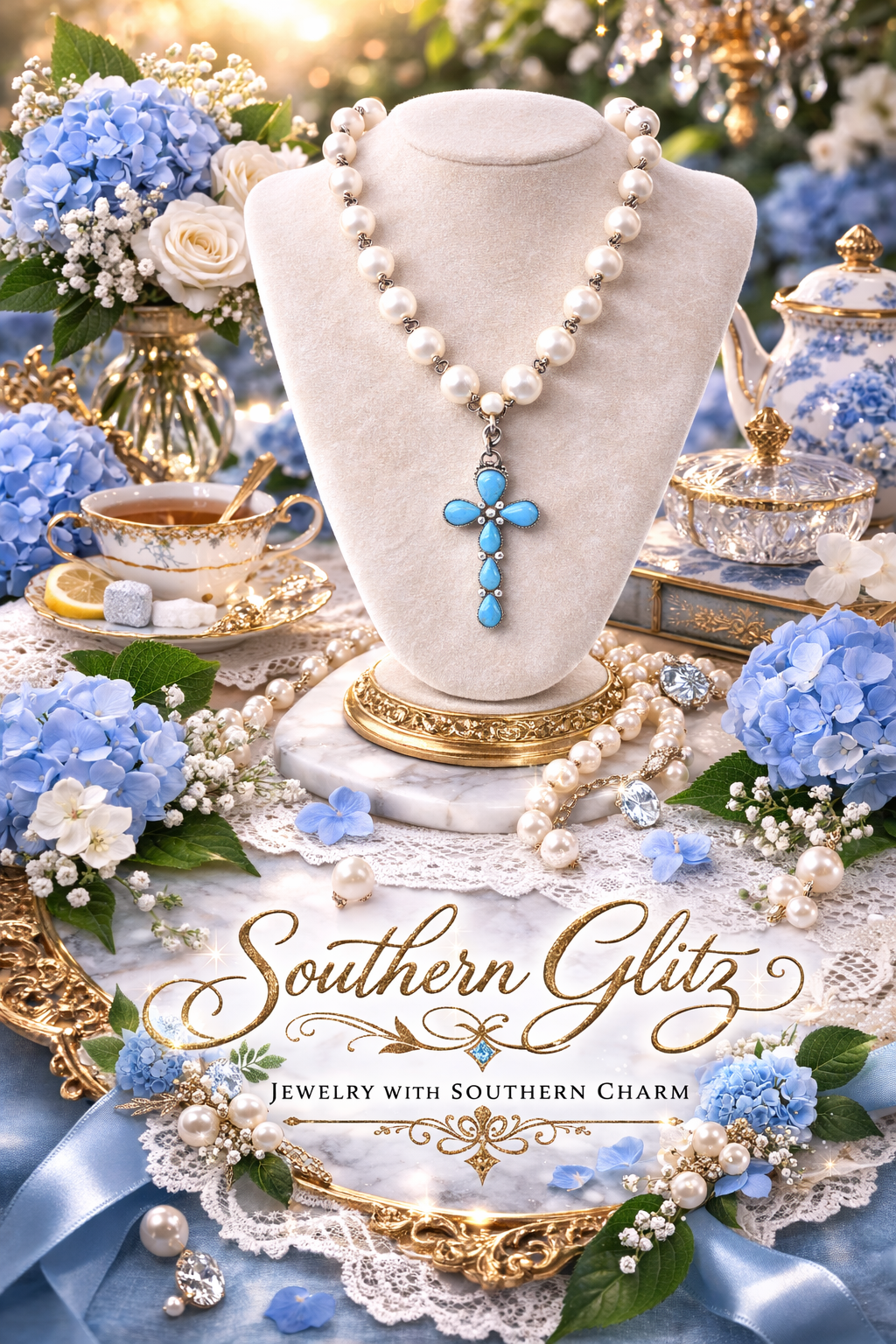 Turquoise Cross Pearl Necklace | Western Boho Jewelry | Freshwater Pearl Chain | Turquoise Pendant Necklace | Southern Style Statement Piece