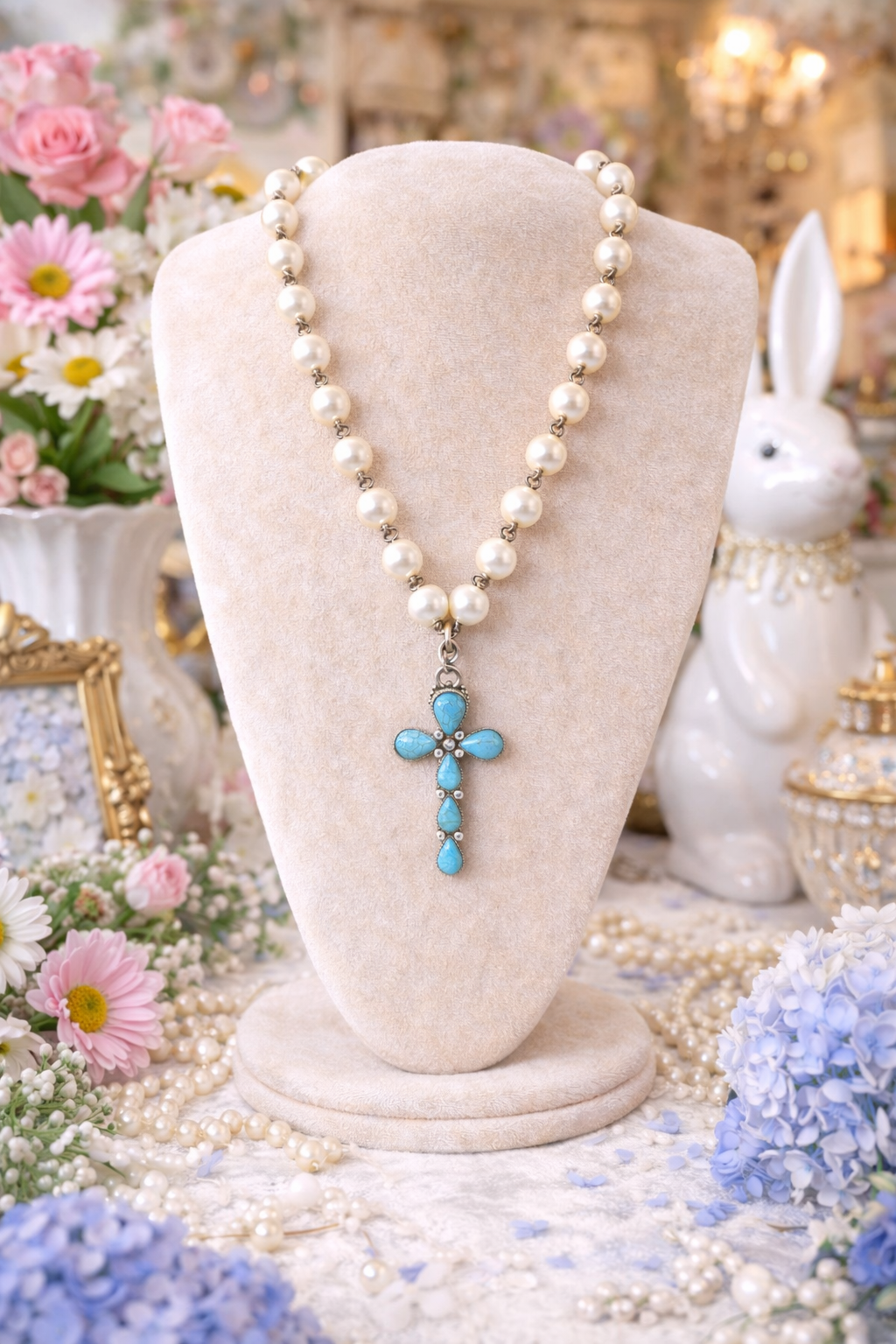 Turquoise Cross Pearl Necklace | Western Boho Jewelry | Freshwater Pearl Chain | Turquoise Pendant Necklace | Southern Style Statement Piece