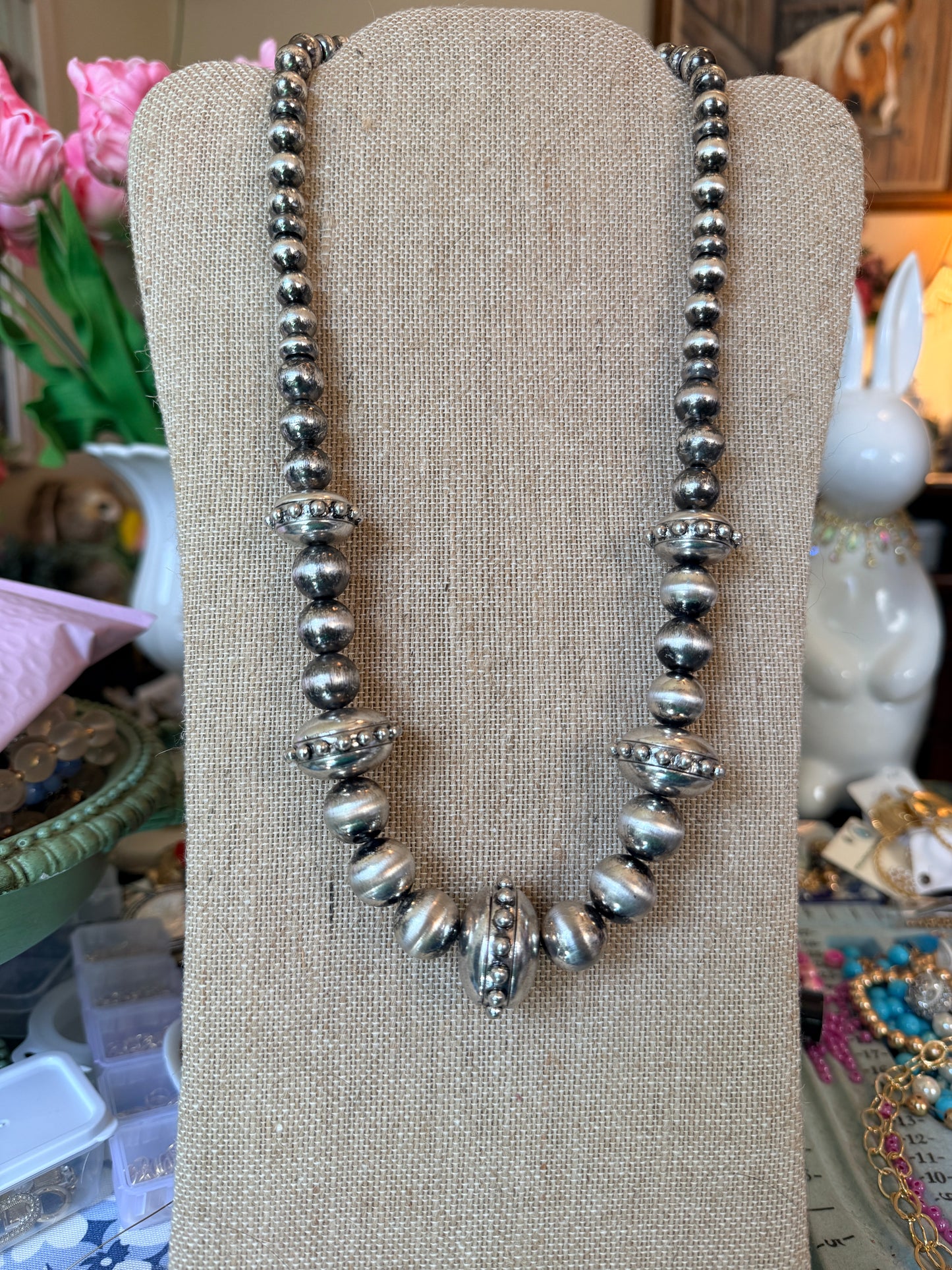 Western Silver Beaded Statement Necklace | Navajo-Inspired Pearl Style | Handmade Cowgirl Jewelry | Rustic Boutique Necklace | Southern Glitz