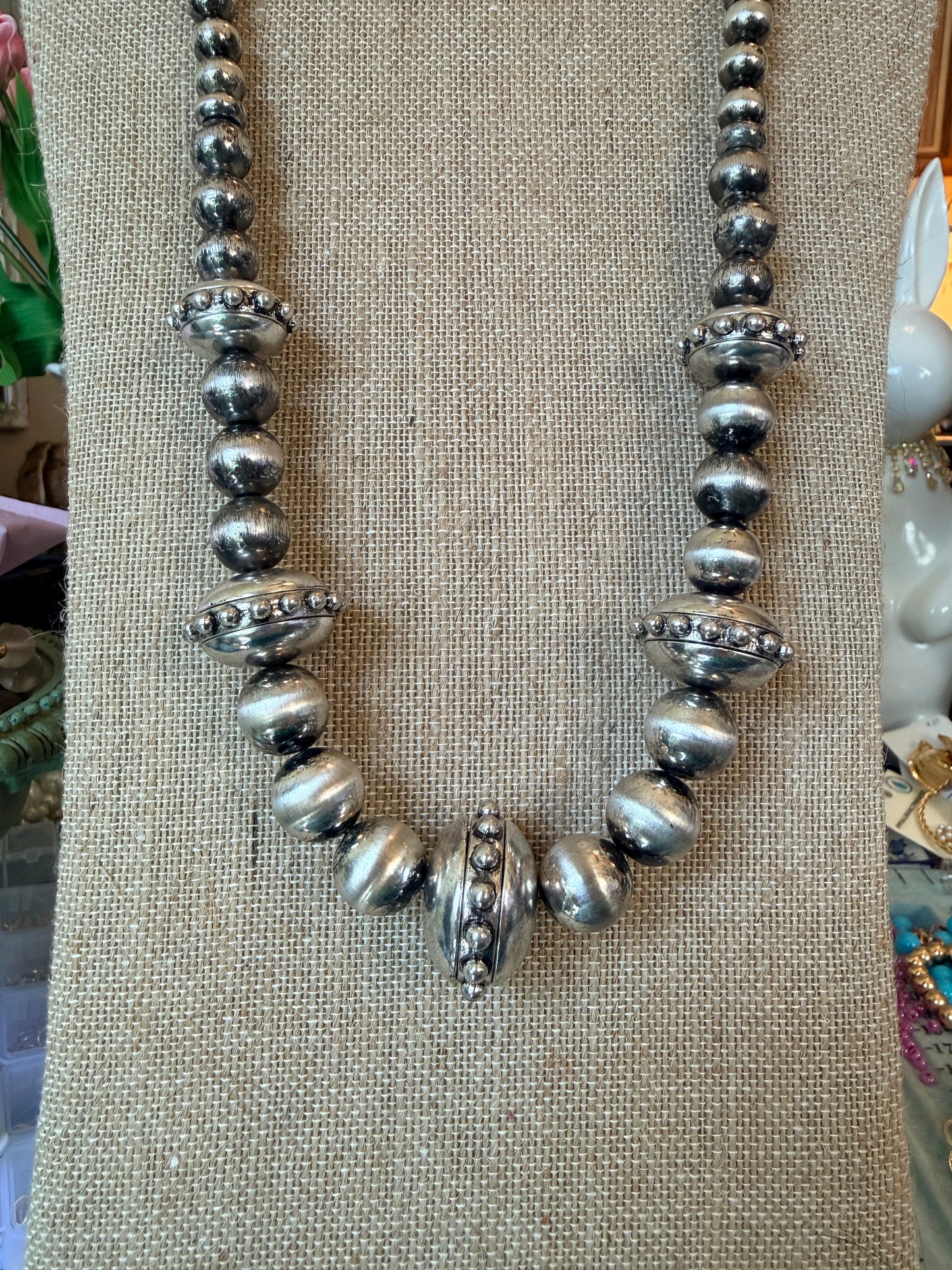Western Silver Beaded Statement Necklace | Navajo-Inspired Pearl Style | Handmade Cowgirl Jewelry | Rustic Boutique Necklace | Southern Glitz