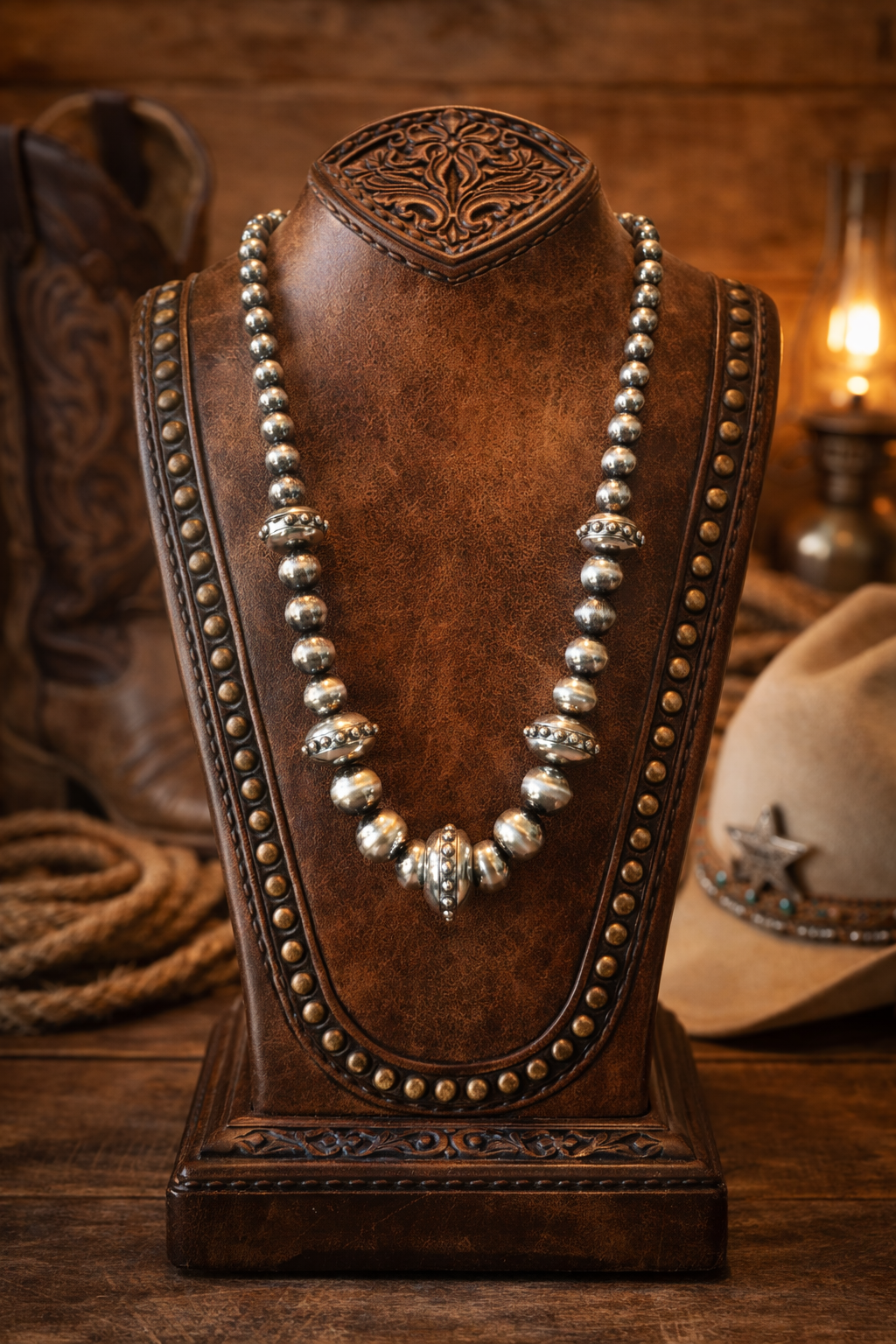Western Silver Beaded Statement Necklace | Navajo-Inspired Pearl Style | Handmade Cowgirl Jewelry | Rustic Boutique Necklace | Southern Glitz