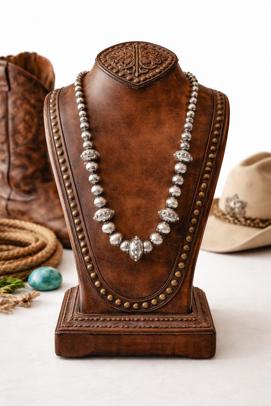 Western Silver Beaded Statement Necklace | Navajo-Inspired Pearl Style | Handmade Cowgirl Jewelry | Rustic Boutique Necklace | Southern Glitz