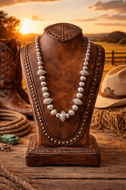 Western Silver Beaded Statement Necklace | Navajo-Inspired Pearl Style | Handmade Cowgirl Jewelry | Rustic Boutique Necklace | Southern Glitz