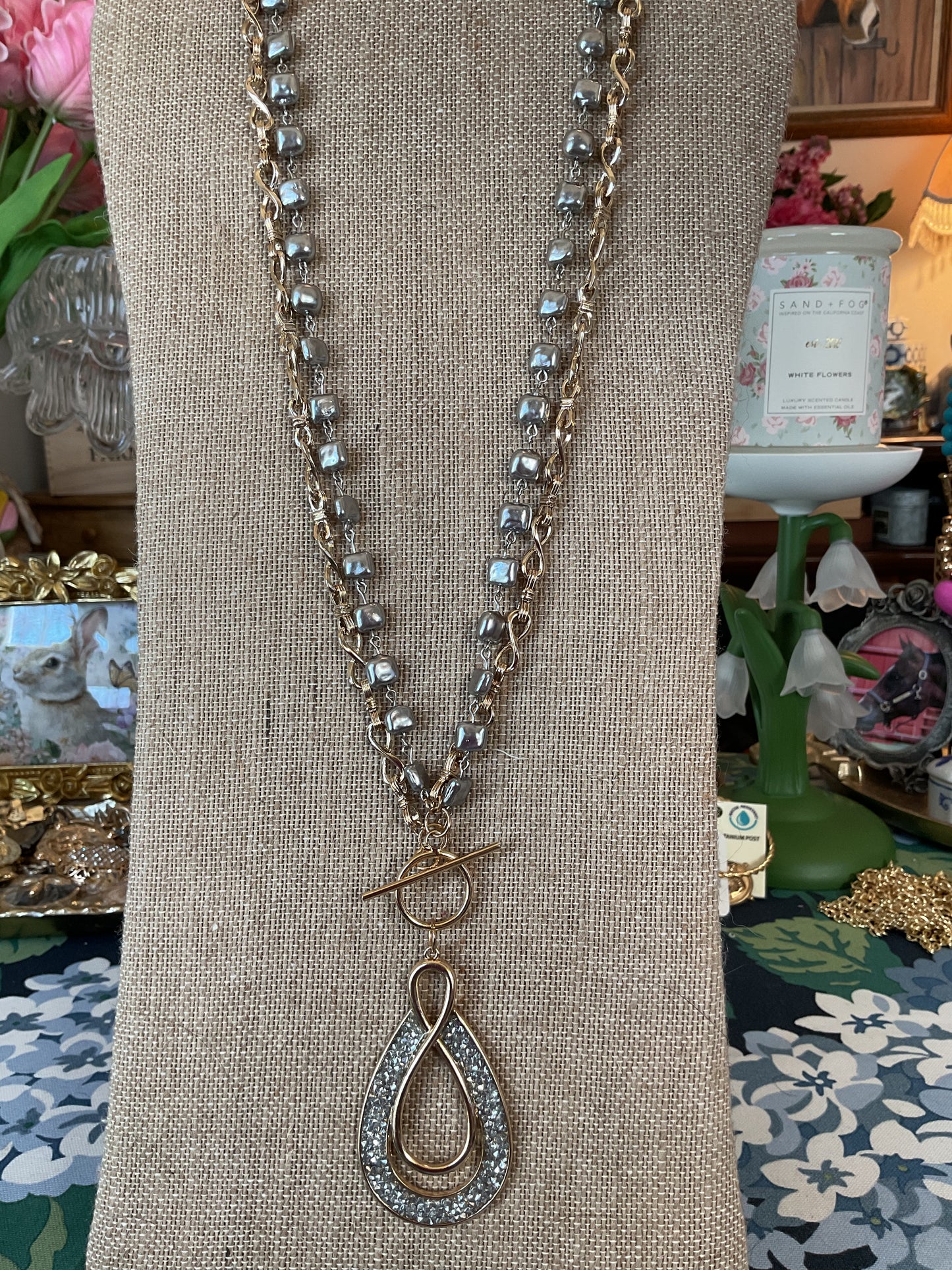 Gold Teardrop Statement Necklace | Layered Chain & Silver Beaded Necklace | Toggle Clasp Pendant Necklace | Southern Glitz Jewelry