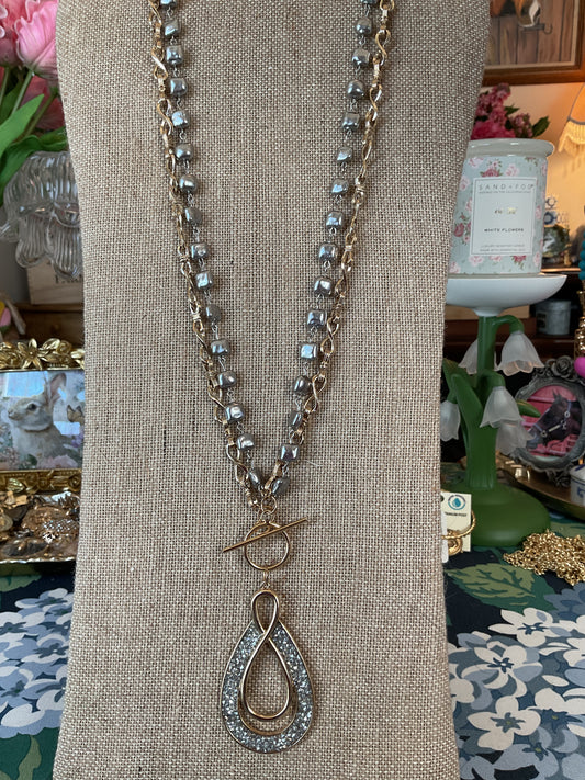 Gold Teardrop Statement Necklace | Layered Chain & Silver Beaded Necklace | Toggle Clasp Pendant Necklace | Southern Glitz Jewelry
