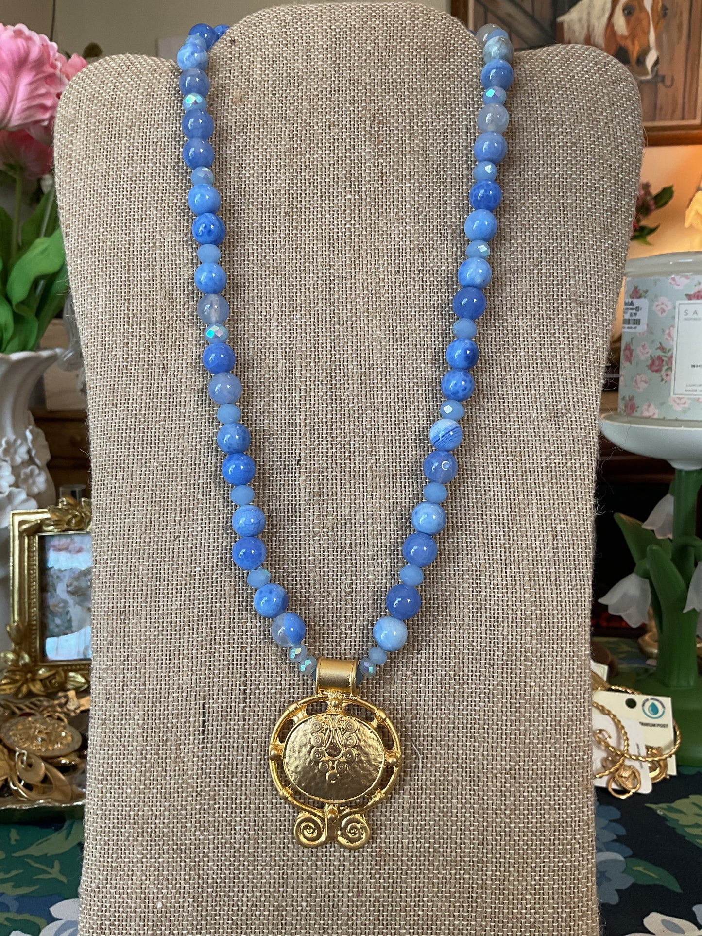 Blue Beaded Statement Necklace with Gold Medallion | Handmade Southern Style Jewelry | Elegant Everyday or Dressy Piece | Southern Glitz