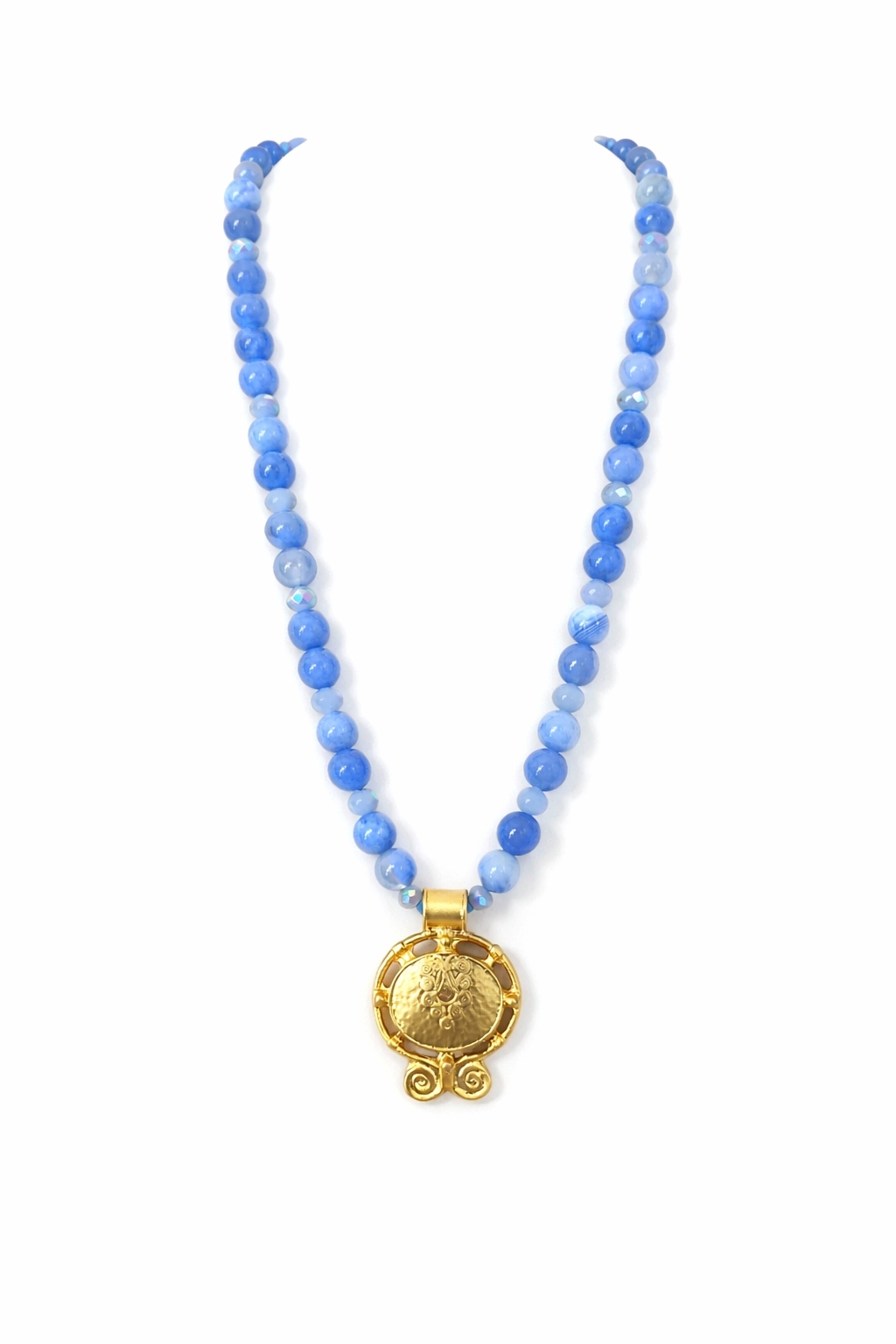 Blue Beaded Statement Necklace with Gold Medallion | Handmade Southern Style Jewelry | Elegant Everyday or Dressy Piece | Southern Glitz