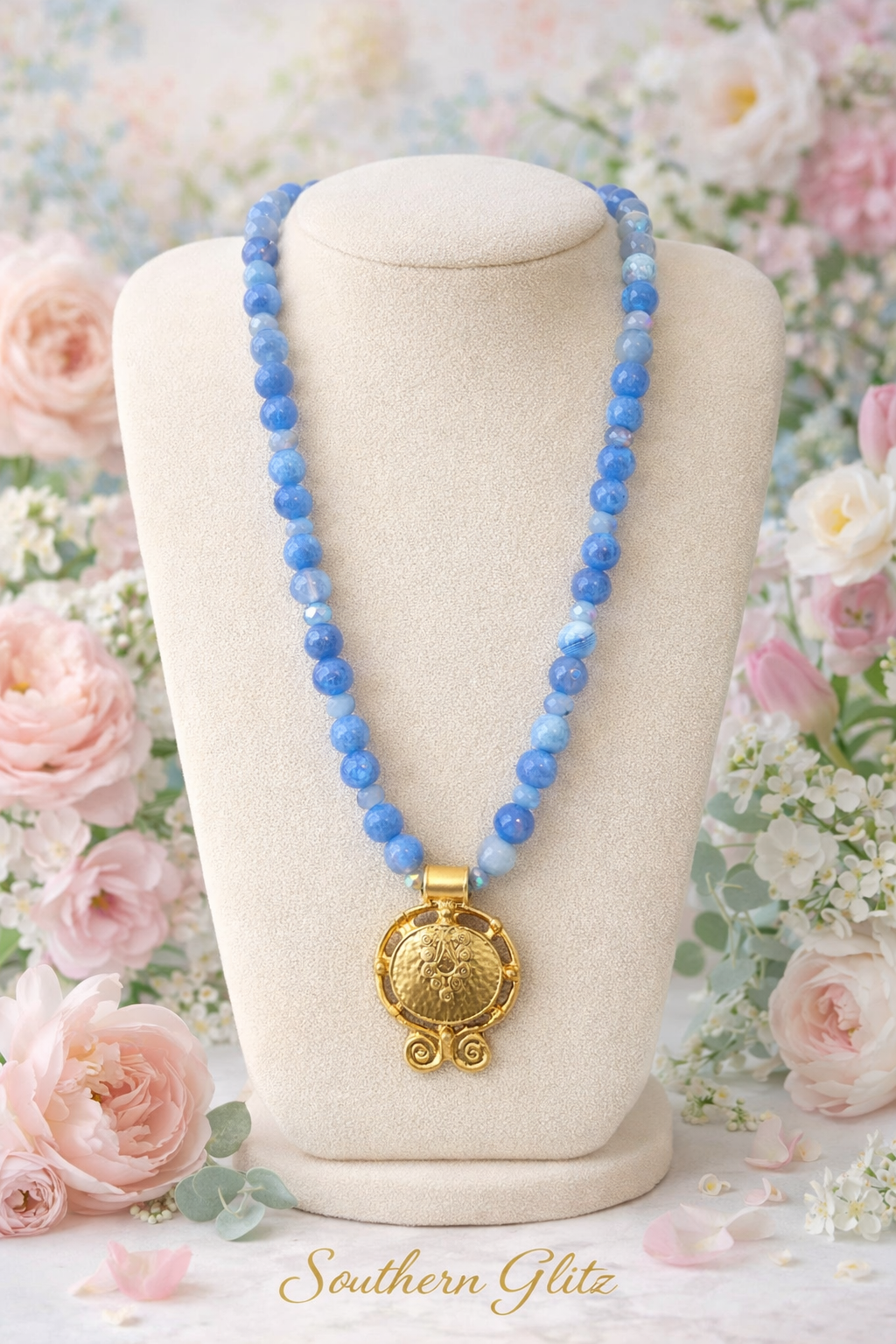 Blue Beaded Statement Necklace with Gold Medallion | Handmade Southern Style Jewelry | Elegant Everyday or Dressy Piece | Southern Glitz
