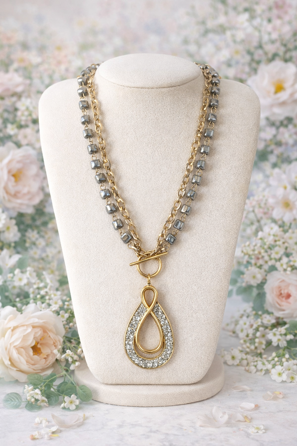 Gold Teardrop Statement Necklace | Layered Chain & Silver Beaded Necklace | Toggle Clasp Pendant Necklace | Southern Glitz Jewelry
