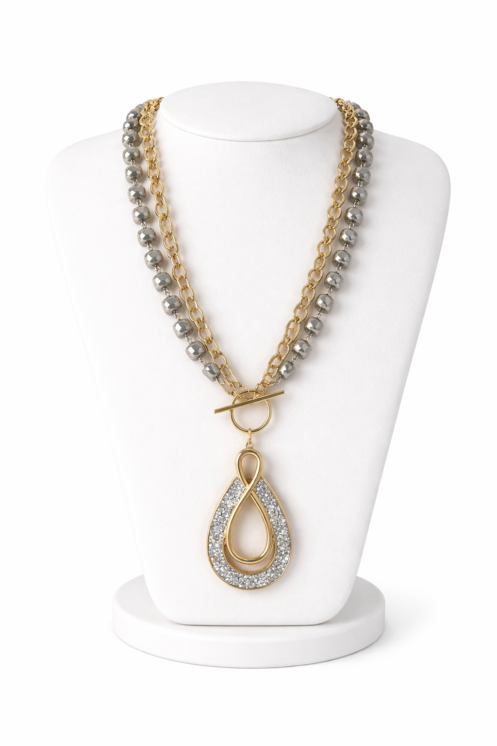 Gold Teardrop Statement Necklace | Layered Chain & Silver Beaded Necklace | Toggle Clasp Pendant Necklace | Southern Glitz Jewelry