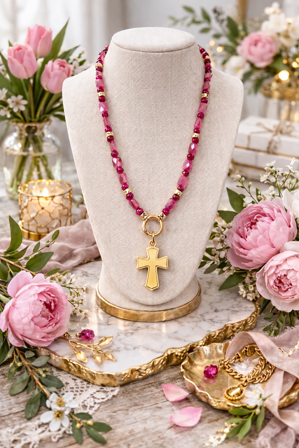 Southern Glitz Pink Cross Pendant Necklace | Gold Cross Statement Necklace | Feminine Faith Jewelry | Spring Floral Boutique Style