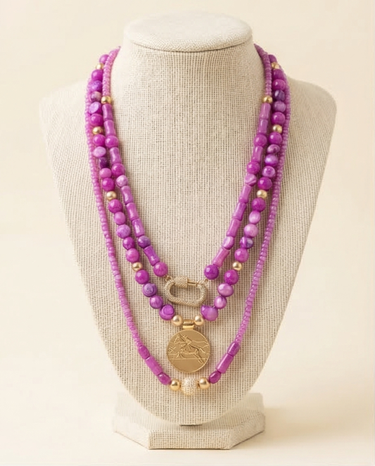 Southern Glitz Purple Layered Beaded Necklace | Gold Pendant Statement Necklace | Western Chic Jewelry | Handmade Bold Color Necklace