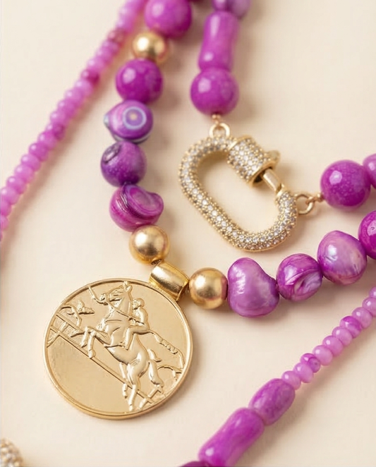 Southern Glitz Purple Layered Beaded Necklace | Gold Pendant Statement Necklace | Western Chic Jewelry | Handmade Bold Color Necklace