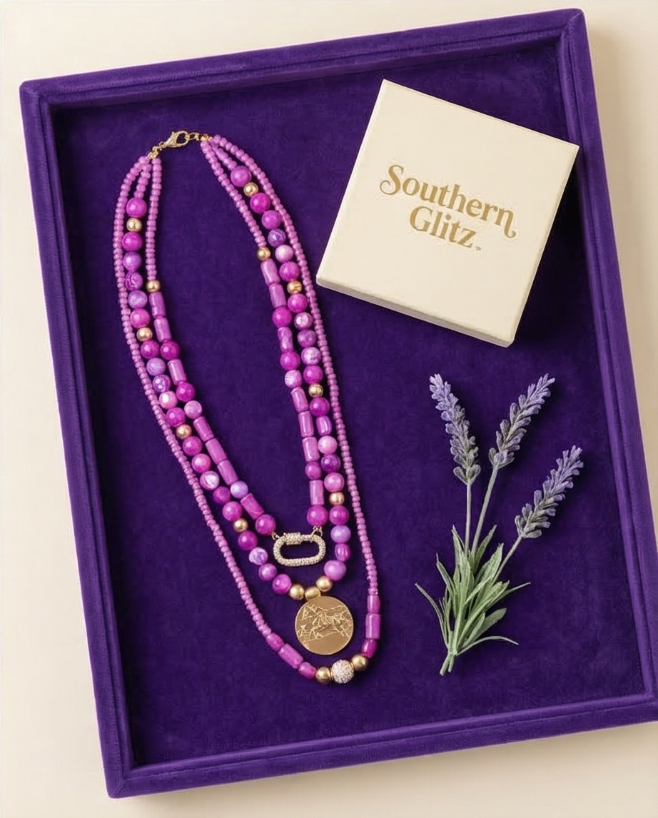 Southern Glitz Purple Layered Beaded Necklace | Gold Pendant Statement Necklace | Western Chic Jewelry | Handmade Bold Color Necklace