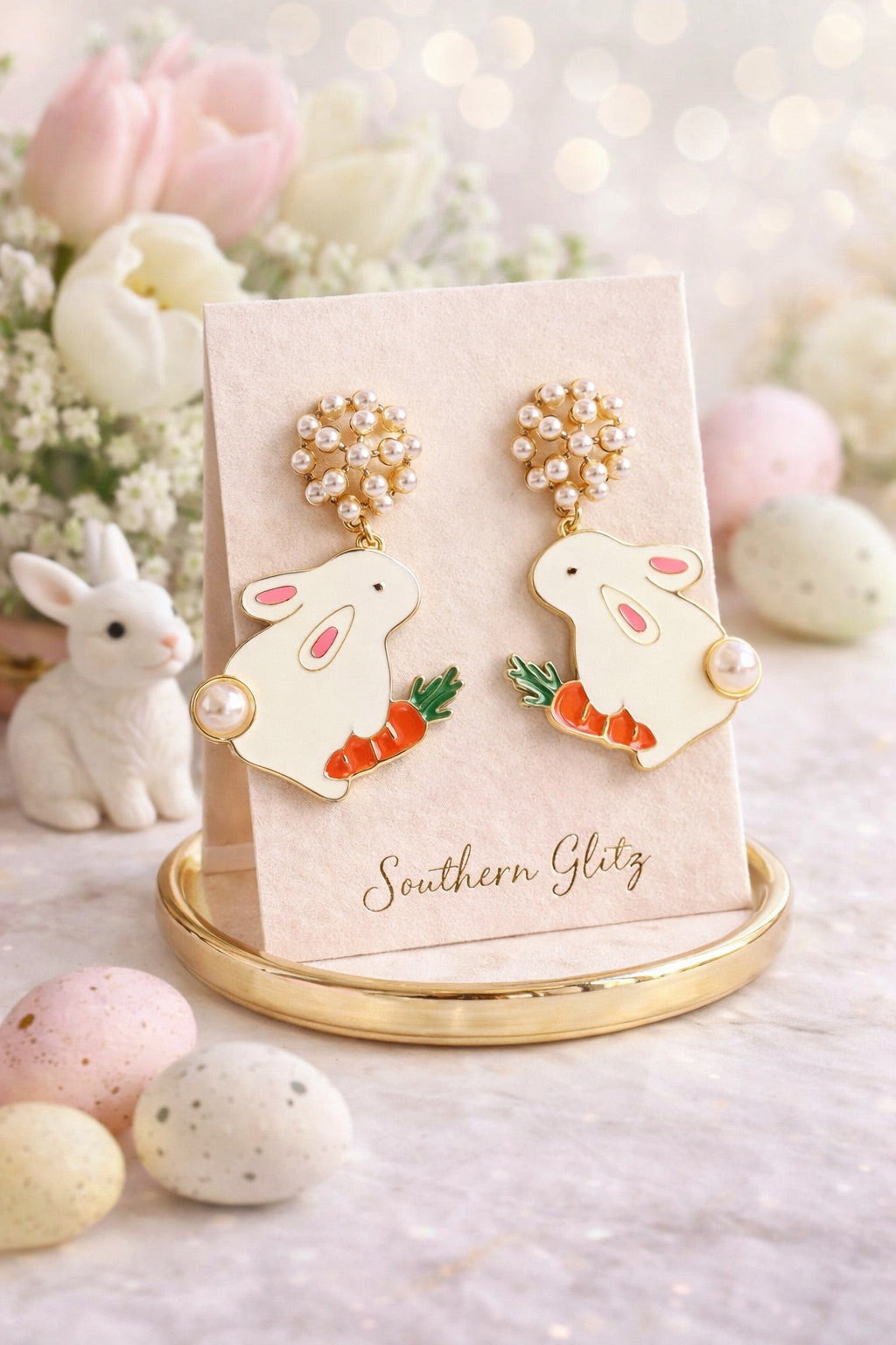 Easter Bunny Earrings, Pearl Bunny Dangle Earrings, Cute Spring Jewelry, Easter Basket Gift for Women, Pastel Bunny Earrings, Southern Glitz