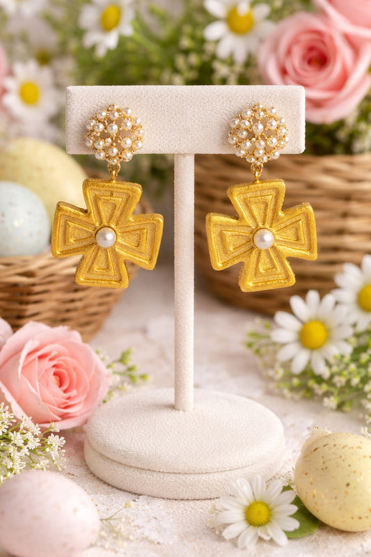 Gold Cross Earrings, Pearl Cross Dangle Earrings, Christian Jewelry for Women, Easter Earrings, Statement Faith Jewelry, Southern Glitz