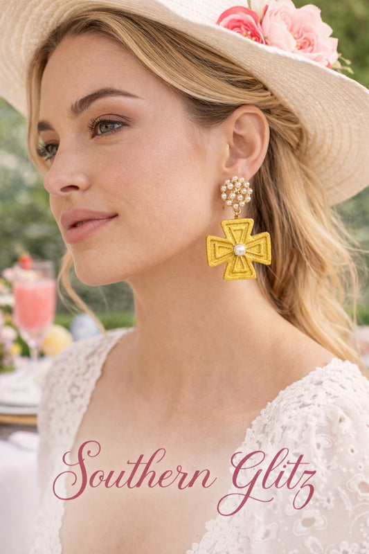 Gold Cross Earrings, Pearl Cross Dangle Earrings, Christian Jewelry for Women, Easter Earrings, Statement Faith Jewelry, Southern Glitz