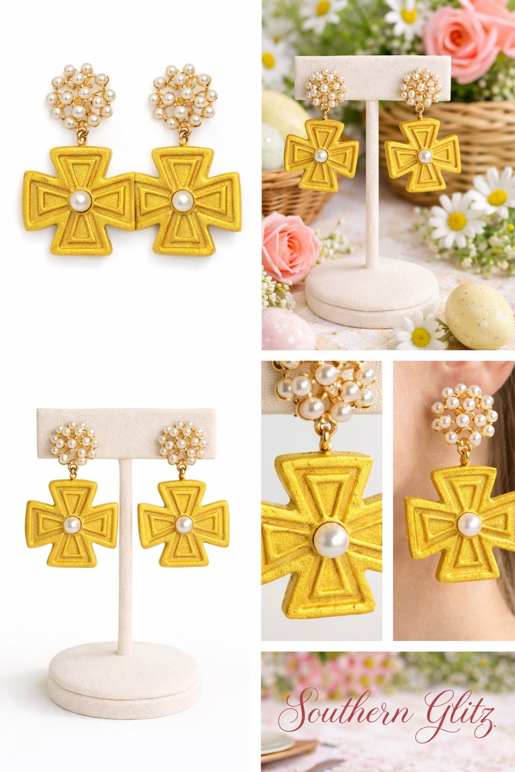 Gold Cross Earrings, Pearl Cross Dangle Earrings, Christian Jewelry for Women, Easter Earrings, Statement Faith Jewelry, Southern Glitz