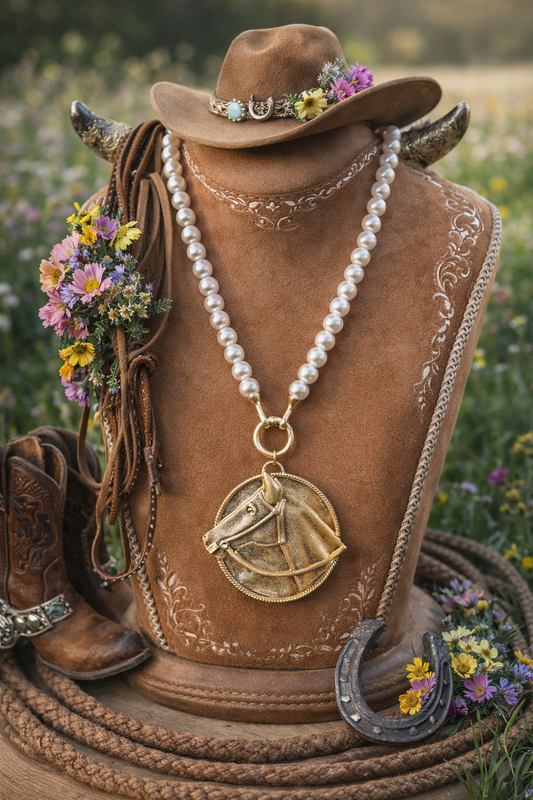 Western Horse Head Pearl Necklace | Gold Equestrian Pendant Necklace | Cowgirl Statement Jewelry | Horse Lover Gift | Southern Glitz