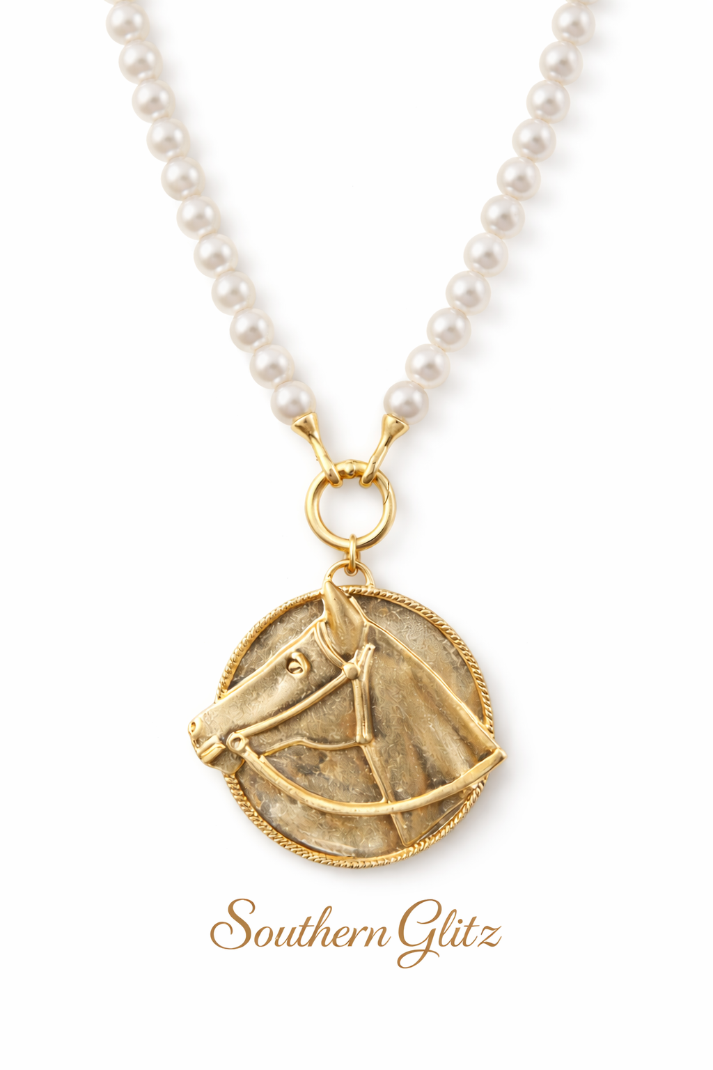 Western Horse Head Pearl Necklace | Gold Equestrian Pendant Necklace | Cowgirl Statement Jewelry | Horse Lover Gift | Southern Glitz