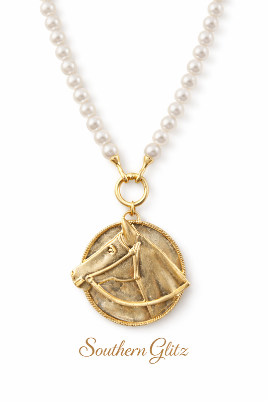 Western Horse Head Pearl Necklace | Gold Equestrian Pendant Necklace | Cowgirl Statement Jewelry | Horse Lover Gift | Southern Glitz