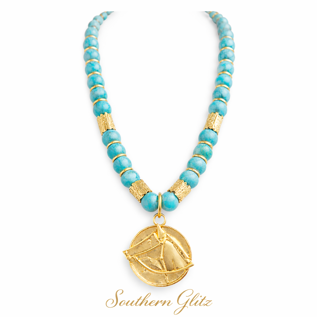 Turquoise Horse Necklace, Gold Horse Pendant Necklace, Western Jewelry, Equestrian Statement Necklace, Cowgirl Necklace, Horse Lover Gift