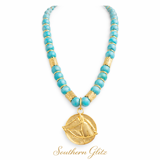 Turquoise Horse Necklace, Gold Horse Pendant Necklace, Western Jewelry, Equestrian Statement Necklace, Cowgirl Necklace, Horse Lover Gift