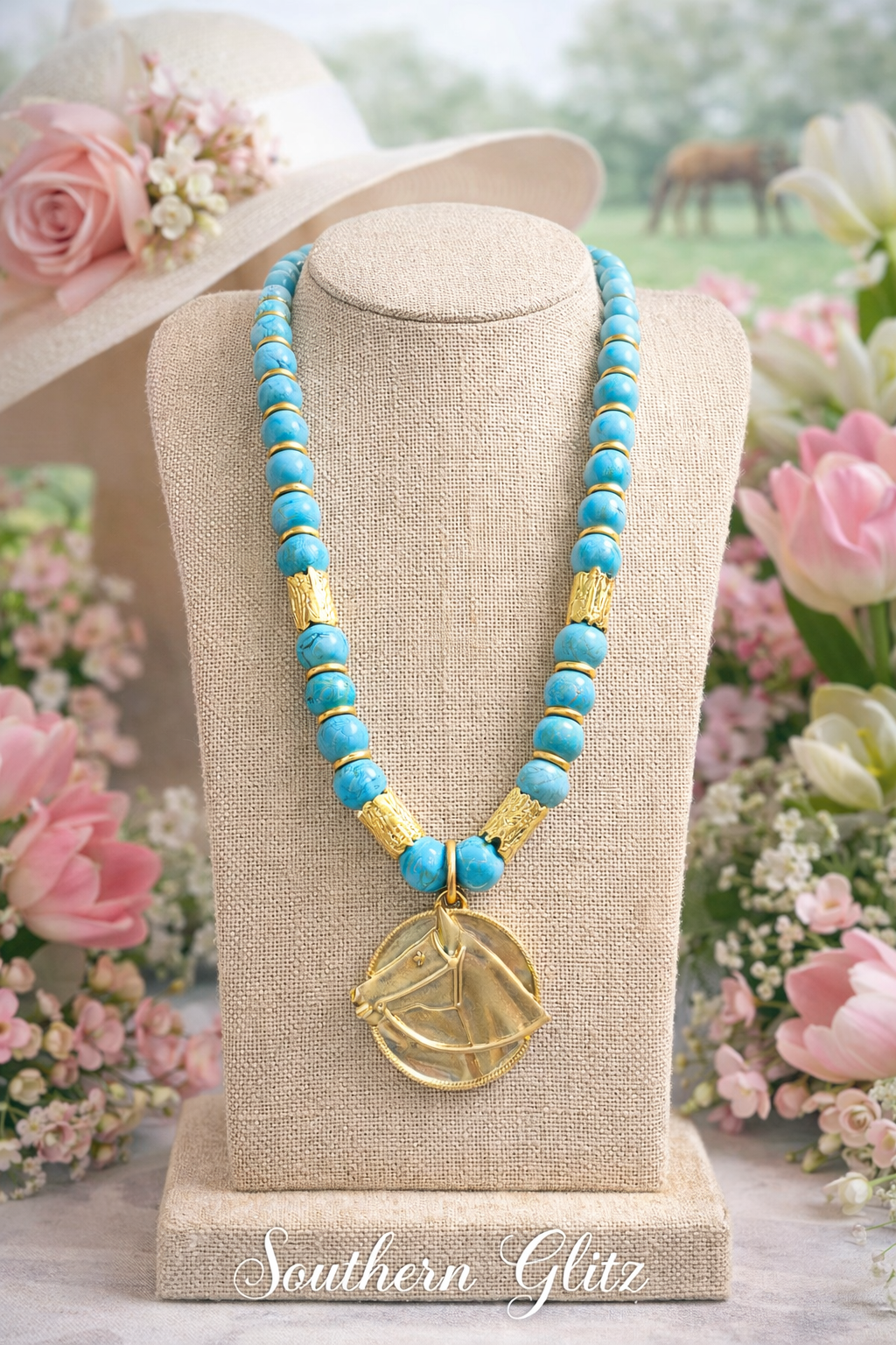 Turquoise Horse Necklace, Gold Horse Pendant Necklace, Western Jewelry, Equestrian Statement Necklace, Cowgirl Necklace, Horse Lover Gift