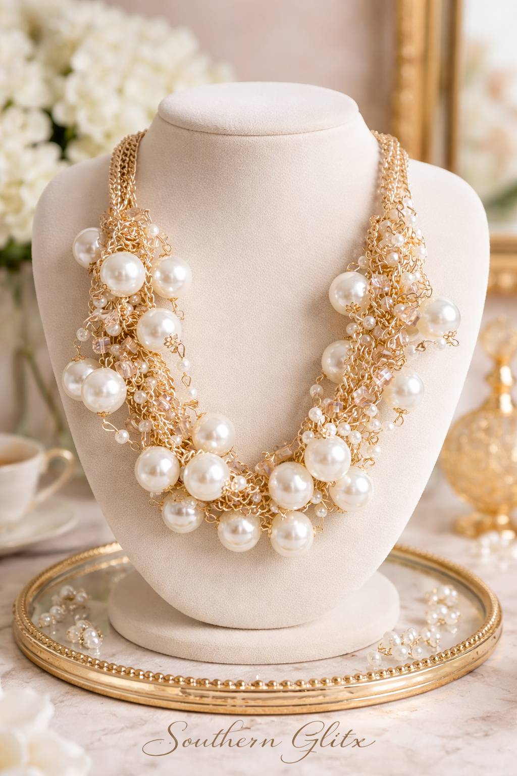Luxury Pearl Statement Necklace, Gold Layered Chain Necklace, Chunky Pearl Bib Necklace, Bridal Jewelry, Wedding Necklace, Elegant Gift for Her