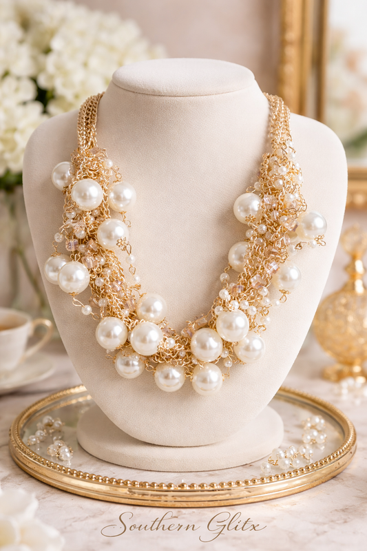 Luxury Pearl Statement Necklace, Gold Layered Chain Necklace, Chunky Pearl Bib Necklace, Bridal Jewelry, Wedding Necklace, Elegant Gift for Her