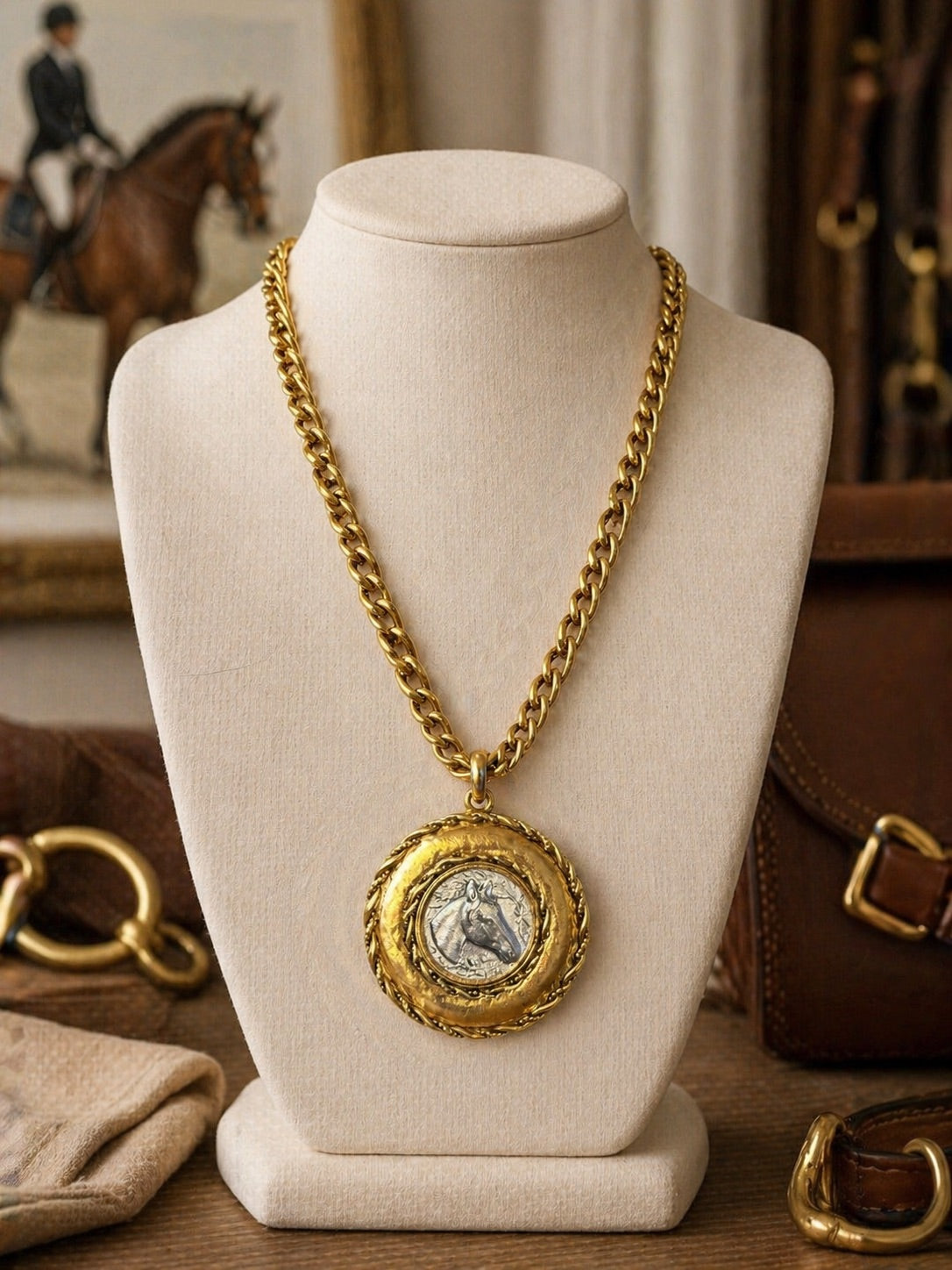 Yochi Two-Tone Horse Medallion Necklace | Gold Chunky Chain Equestrian Pendant | Southern Glitz Horse Jewelry | Western English Rider Gift