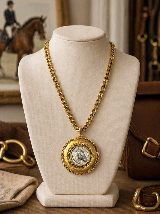Yochi Two-Tone Horse Medallion Necklace | Gold Chunky Chain Equestrian Pendant | Southern Glitz Horse Jewelry | Western English Rider Gift
