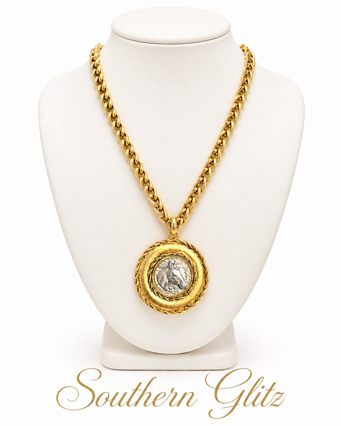 Yochi Two-Tone Horse Medallion Necklace | Gold Chunky Chain Equestrian Pendant | Southern Glitz Horse Jewelry | Western English Rider Gift