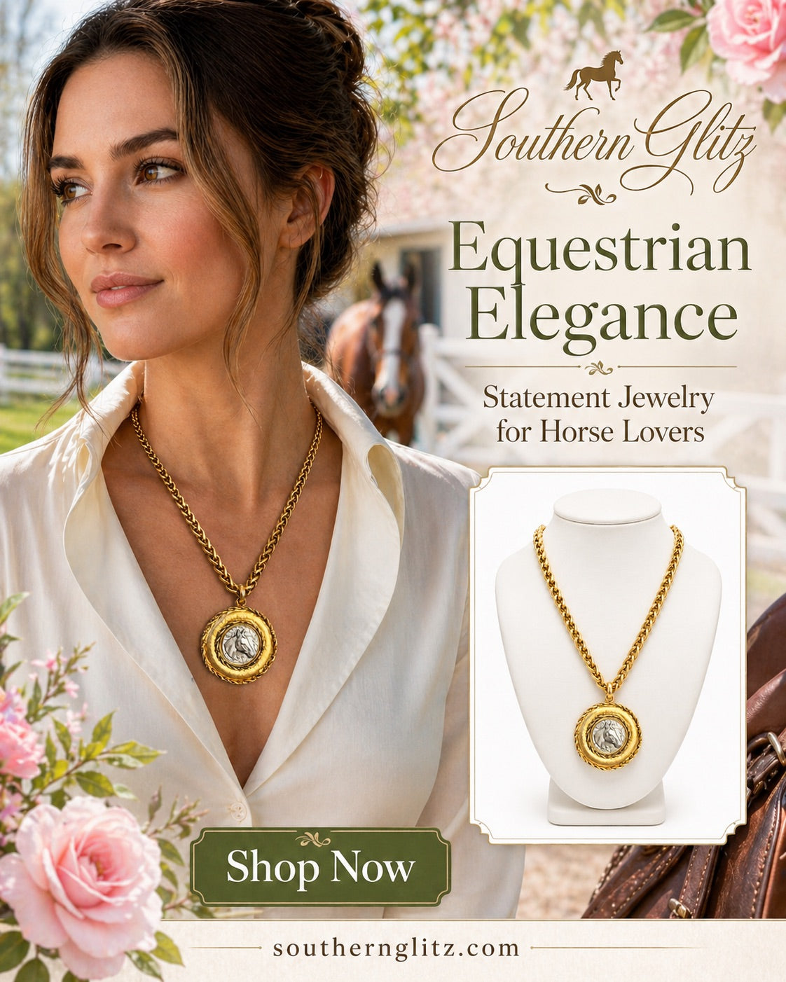 Yochi Two-Tone Horse Medallion Necklace | Gold Chunky Chain Equestrian Pendant | Southern Glitz Horse Jewelry | Western English Rider Gift