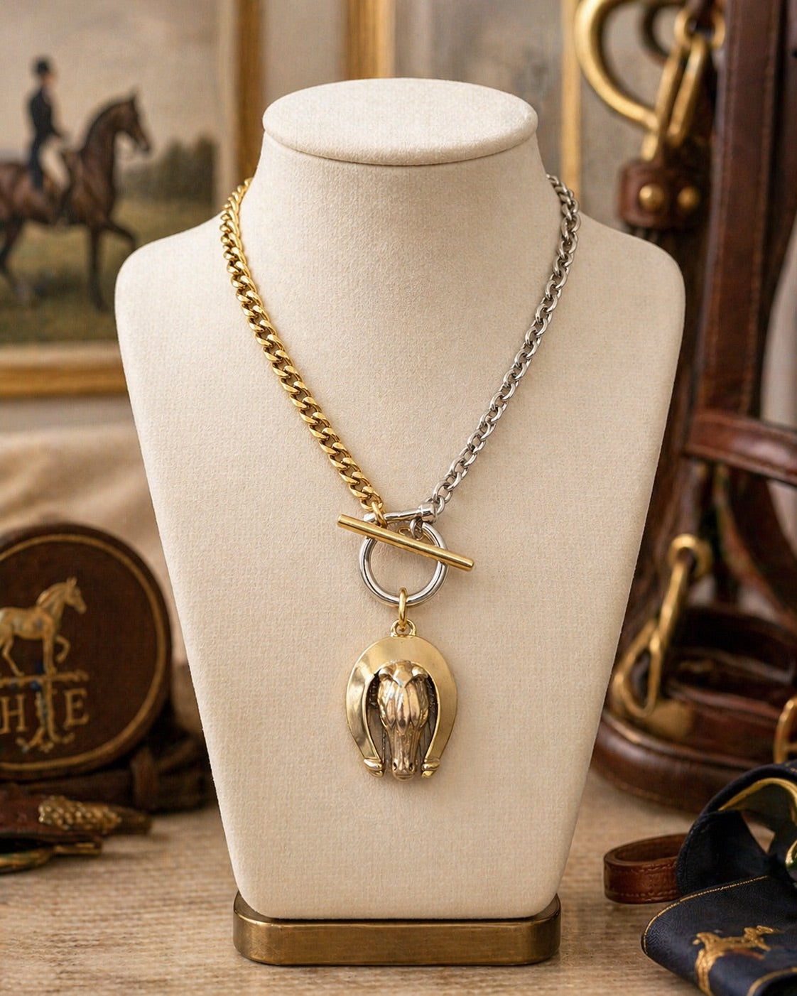 Two-Tone Horseshoe Horse Head Necklace | Gold Silver Chain Toggle Necklace | Equestrian Statement Jewelry | Yochi