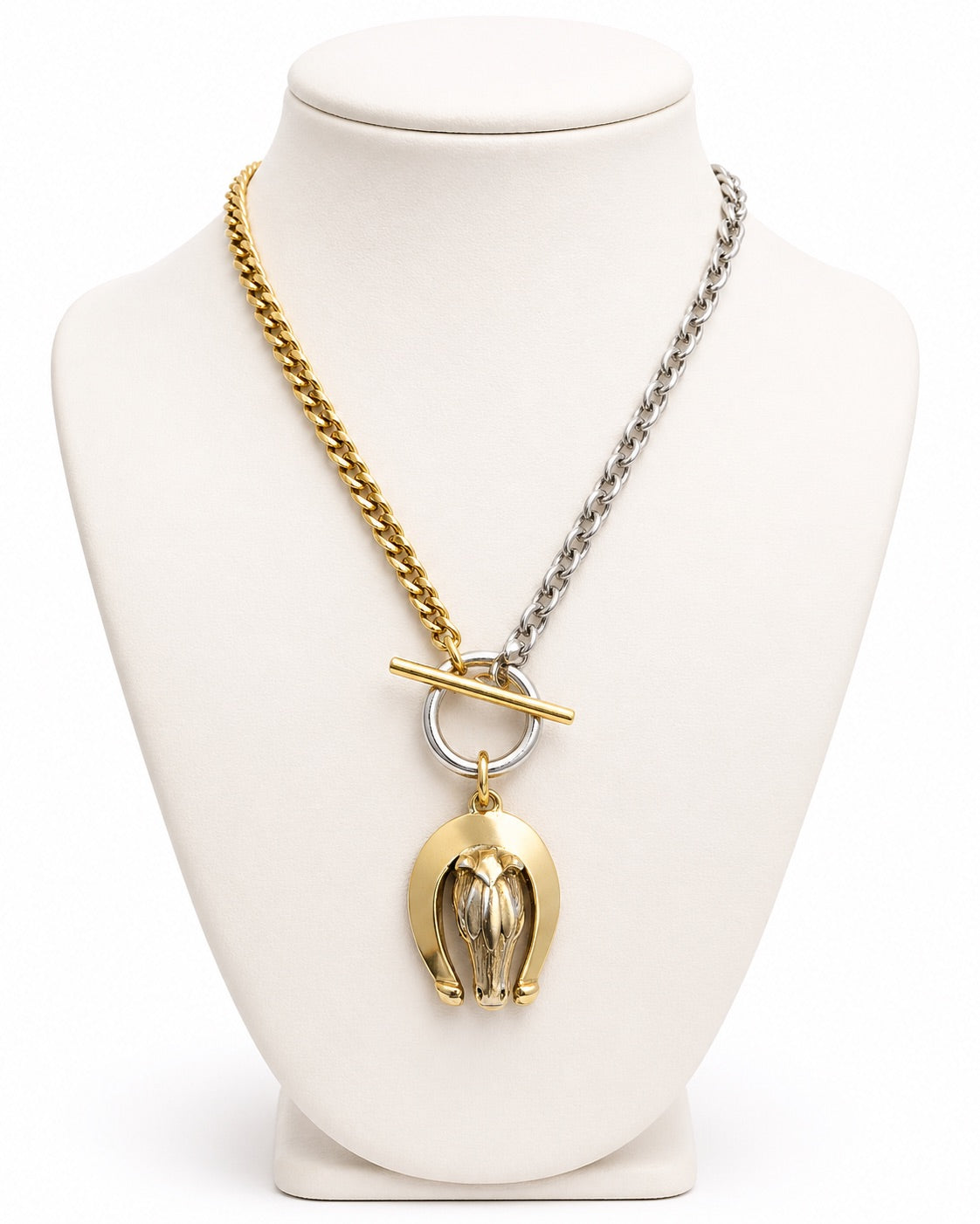 Two-Tone Horseshoe Horse Head Necklace | Gold Silver Chain Toggle Necklace | Equestrian Statement Jewelry | Yochi