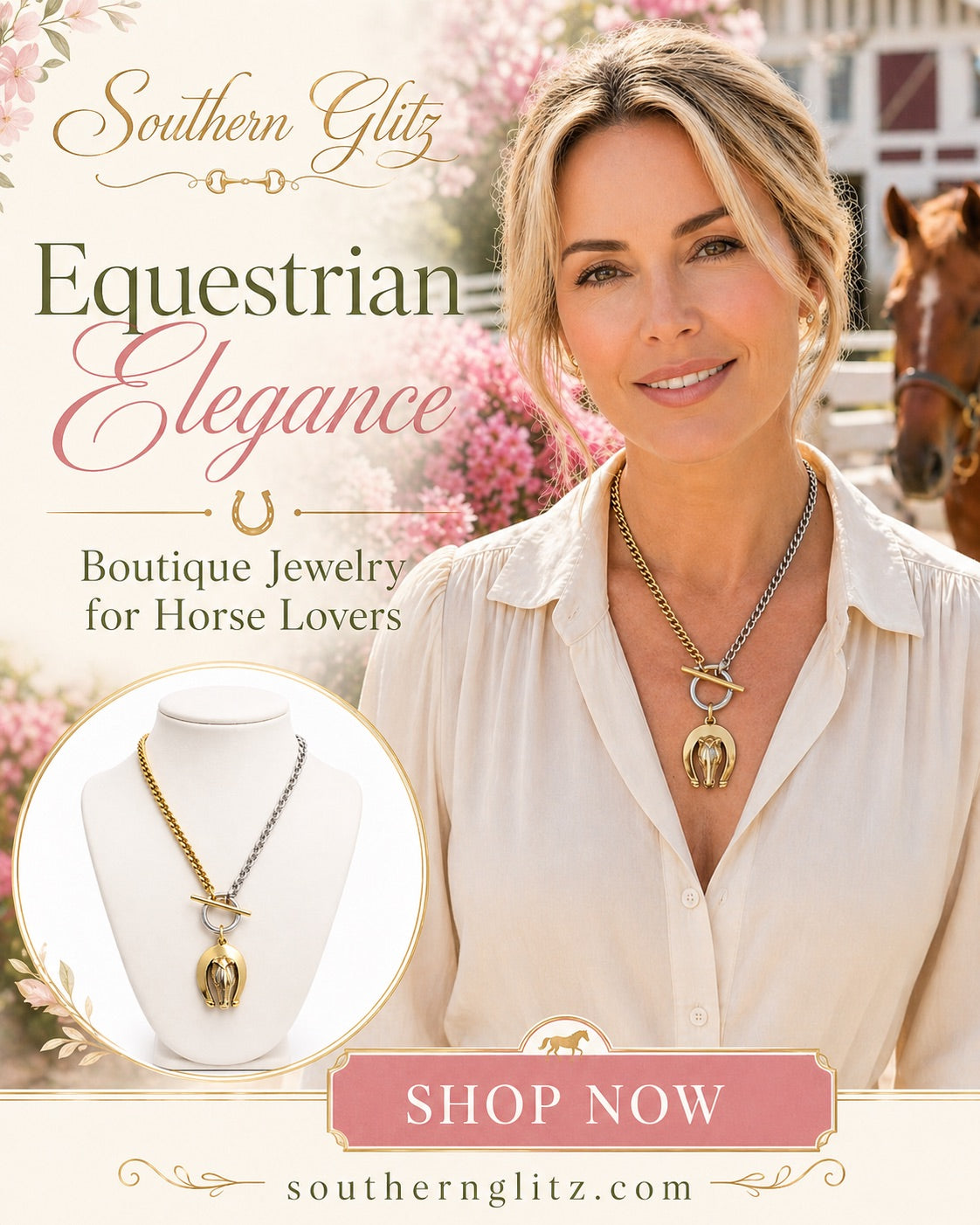Two-Tone Horseshoe Horse Head Necklace | Gold Silver Chain Toggle Necklace | Equestrian Statement Jewelry | Yochi