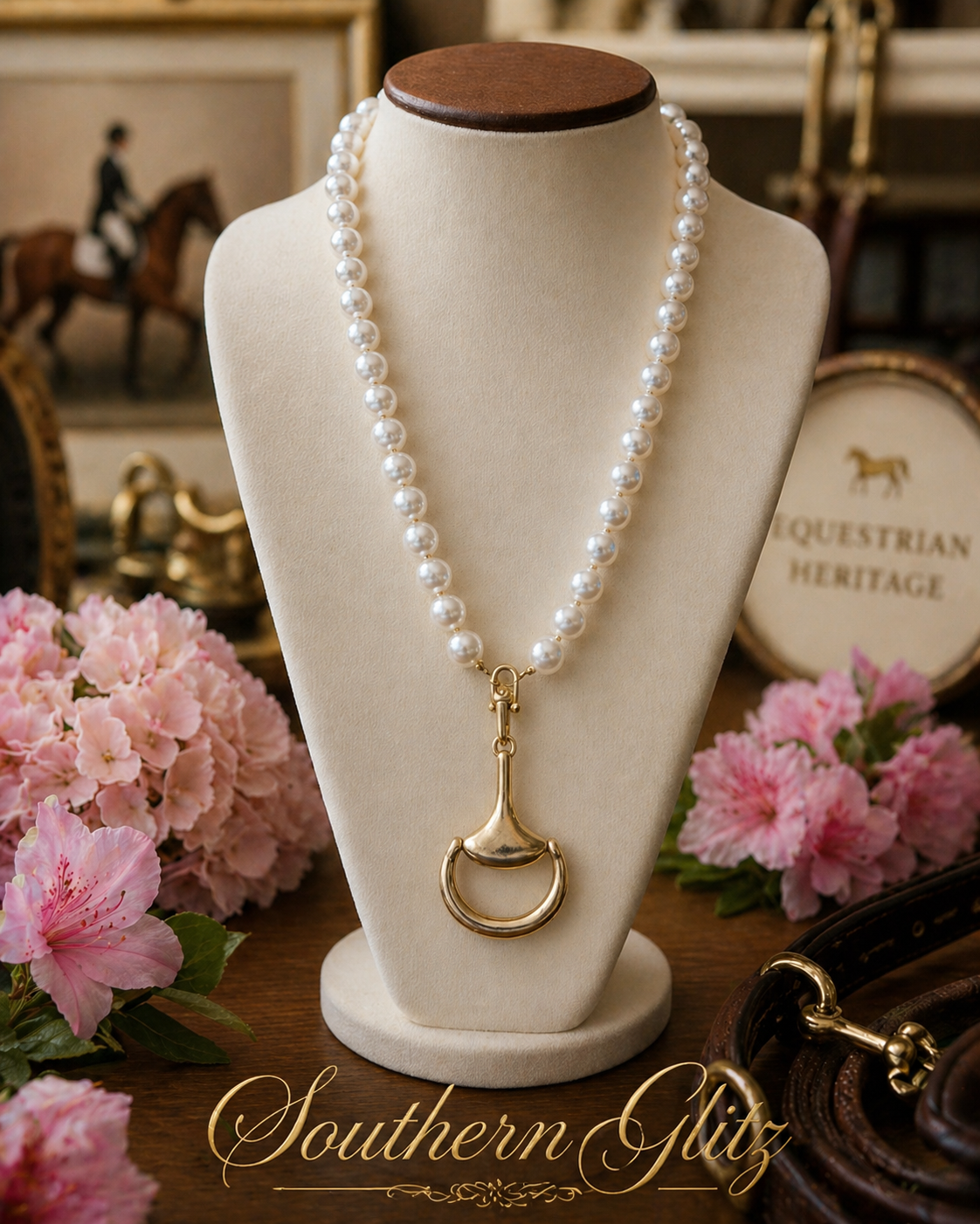 Pearl Snaffle Bit Necklace | Gold Equestrian Pendant Necklace | Southern Glitz Horse Jewelry | English Riding Horse Lover Gift