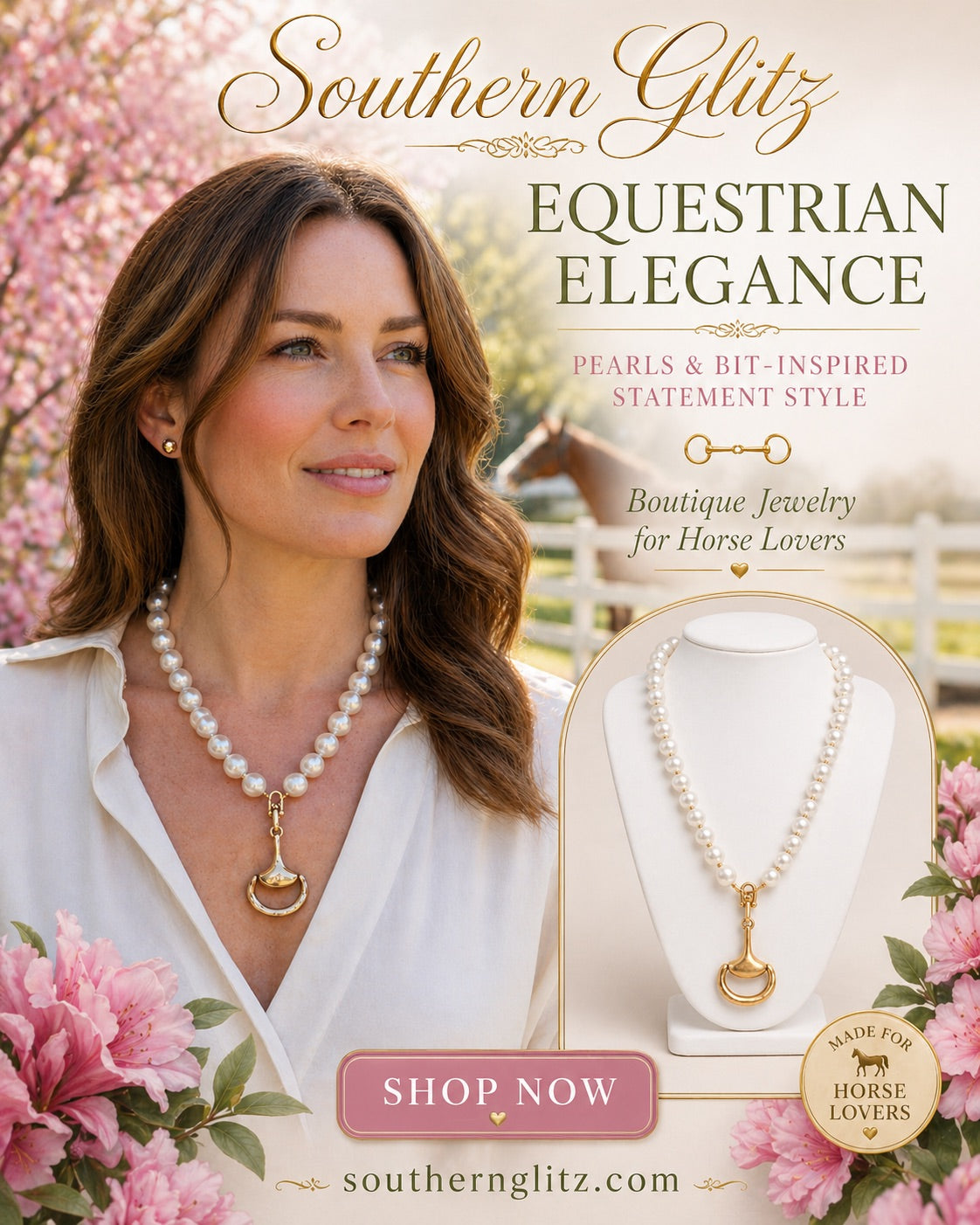 Pearl Snaffle Bit Necklace | Gold Equestrian Pendant Necklace | Southern Glitz Horse Jewelry | English Riding Horse Lover Gift